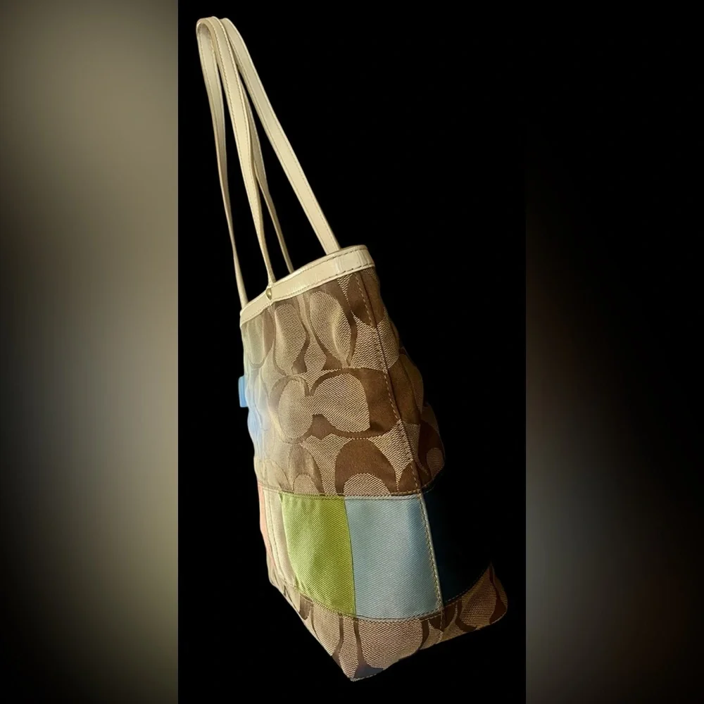 Vintage Coach Brown Signature Canvas Tote with Multicolor Accent Panels